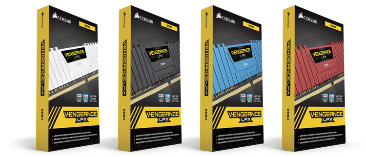  Four RAM packaging boxes in standing position, angled right, each with a heat spreader color on the front